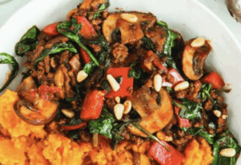 Grass Fed Ground Beef-Roasted Sweet Potato Spinach Bowl